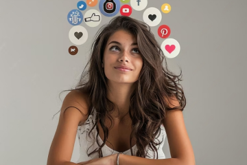 Woman thinking about influencer marketing with social media icons floating above her head, representing growth and digital interaction.