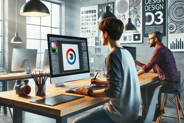 Student learning graphic design in a modern classroom, using Adobe Photoshop and Illustrator on a computer with design tools and a mentor guiding in the background.