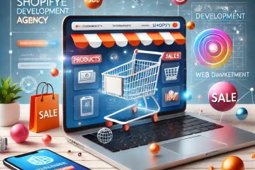 Laptop displaying a Shopify store interface with a shopping cart and sales icons, symbolizing Shopify development services.