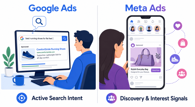 Google Ads capturing active search intent compared with Meta Ads driving discovery through interest signals.