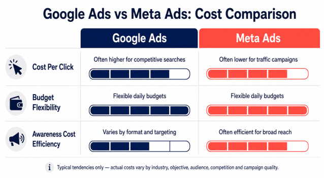 Google Ads and Meta Ads cost comparison covering CPC, budget flexibility and awareness efficiency