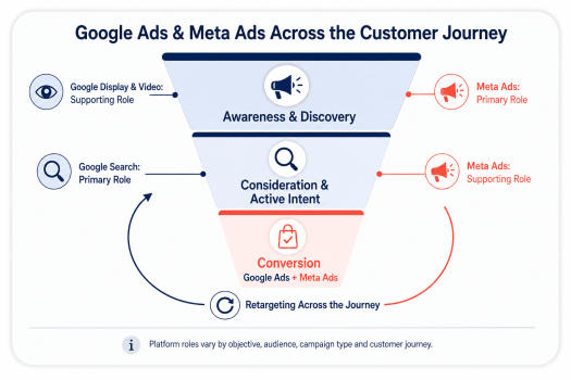 Customer journey funnel showing how Google Ads and Meta Ads support awareness, active intent, conversion and retargeting.