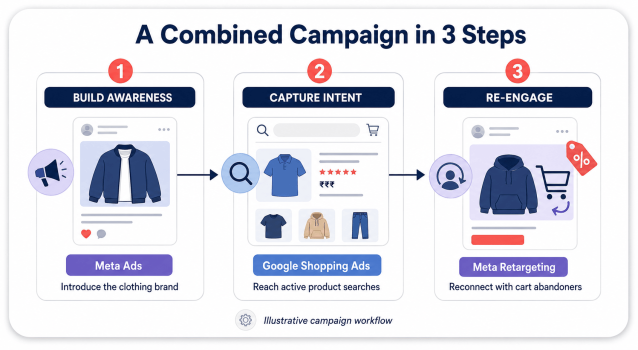 Three-step clothing brand campaign using Meta Ads for awareness, Google Shopping Ads for search intent and Meta retargeting.