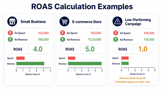 ROAS calculation examples comparing ad spend and revenue across three campaigns.