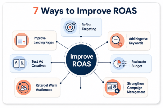 Seven ways to improve ROAS through targeting, landing pages, negative keywords, creative testing, budget allocation, retargeting and campaign management.