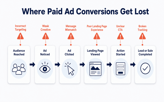 Why paid ads aren’t converting at different stages between audience targeting and a completed lead or sale.