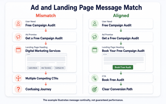 Paid ads aren’t converting when the ad promise and landing-page message do not match.