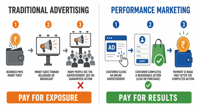 Traditional advertising pays for exposure, while performance marketing links costs to trackable actions.