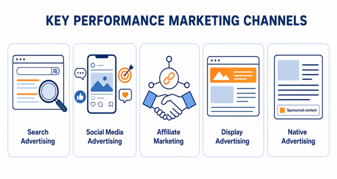 Five key performance marketing channels: search, social media, affiliate, display, and native advertising.