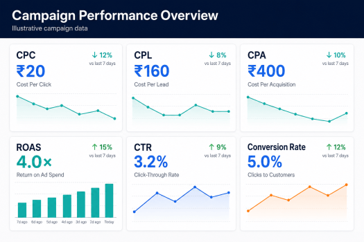 Performance marketing dashboard displaying CPC, CPL, CPA, ROAS, CTR and conversion rate.