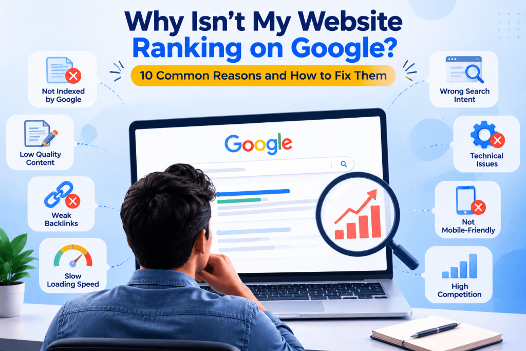 Common reasons why a website is not ranking on Google including indexing issues, poor content, technical SEO problems, backlinks, and slow speed