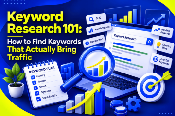 Keyword research infographic showing SEO search volume, competition, keyword ideas, long-tail keywords, analytics, and traffic growth.