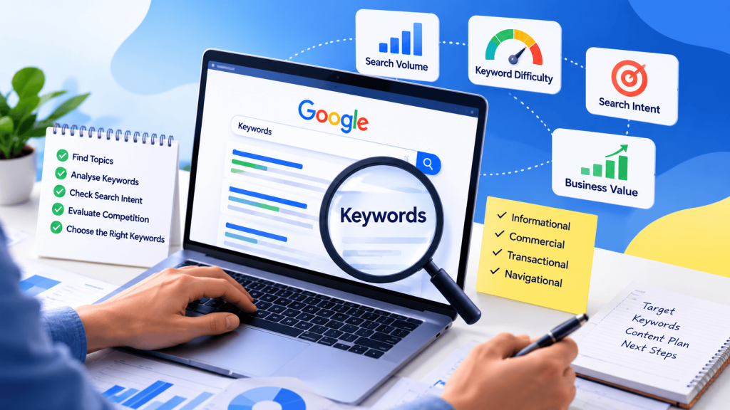 Keyword research process showing search volume, keyword difficulty, search intent and business value