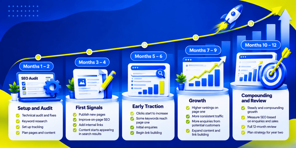 SEO timeline infographic showing the first 12 months of SEO, from technical audit and keyword research to content creation, rankings, organic traffic, enquiries, and measurable results.