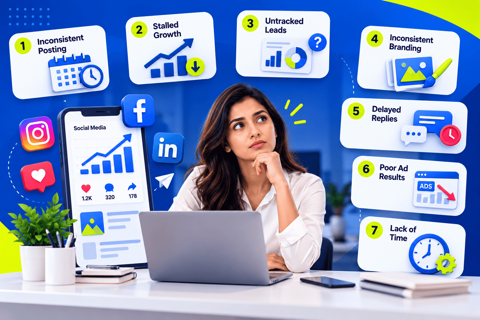 Infographic showing seven signs it is time to hire a social media agency, including inconsistent posting, stalled growth, untracked leads, inconsistent branding, delayed replies, poor ad results, and lack of time.